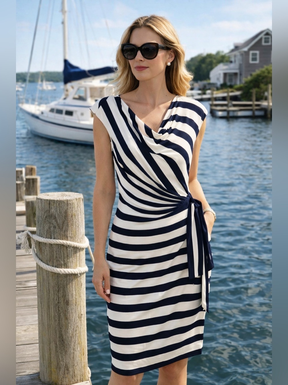 Lauren Ralph Lauren Nautical Preppy Sheath Dress Sz 6 Coastal Cape Cod Ruched